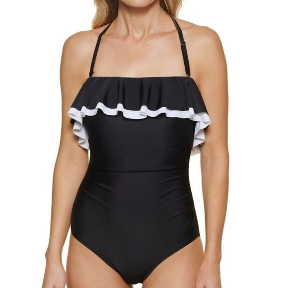 Tommy Hilfiger Women Black Strapless Ruffled Bandeau One-Piece Swimsuit Size 18 - Picture 1 of 8